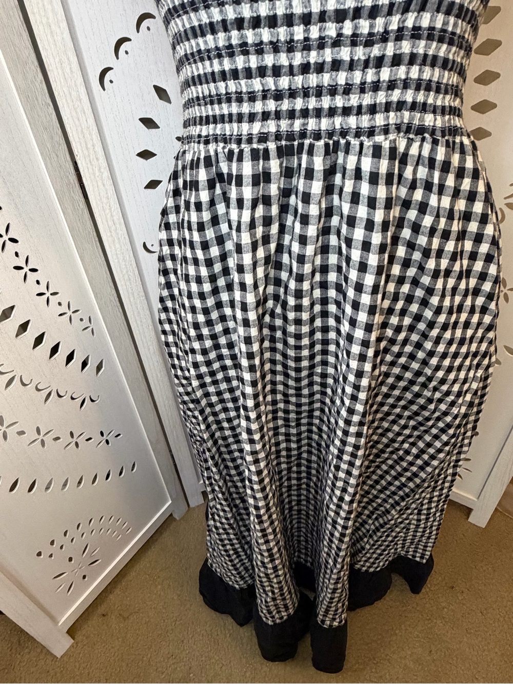 100% Cotton Black & White Gingham Tie-Shoulder Maxi Dress - Picture 4 of 12